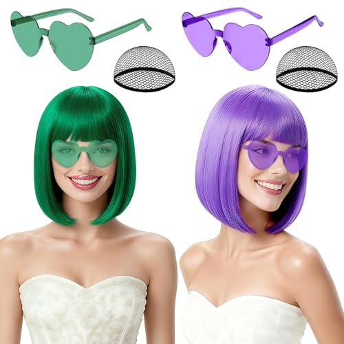 Rookea 2 Pack Colored Bob Wigs and Heart Sunglasses, Green Light Purple Short Straight Bob Wig with Bangs Neon Party Colorful Synthetic Hair for Women Men Halloween Costume Bachelorette Party Favors