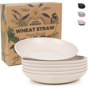 Grow Forward Premium Wheat Straw Pasta Bowls - 30oz Unbreakable Wide & Shallow Dinner Plate Bowls Set of 6 - Microwave Safe Reusable Plastic Pasta Bowls for Kids, Adults, Salad, Camping, RV - Sahara