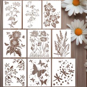 Large Flower Stencil 11.8” Flower Stencils for Painting Floral Stencils Reusable Sunflower Hibiscus Bird Butterfly Stencil for Wood Fence Wall Furniture Fabrics DIY Decor