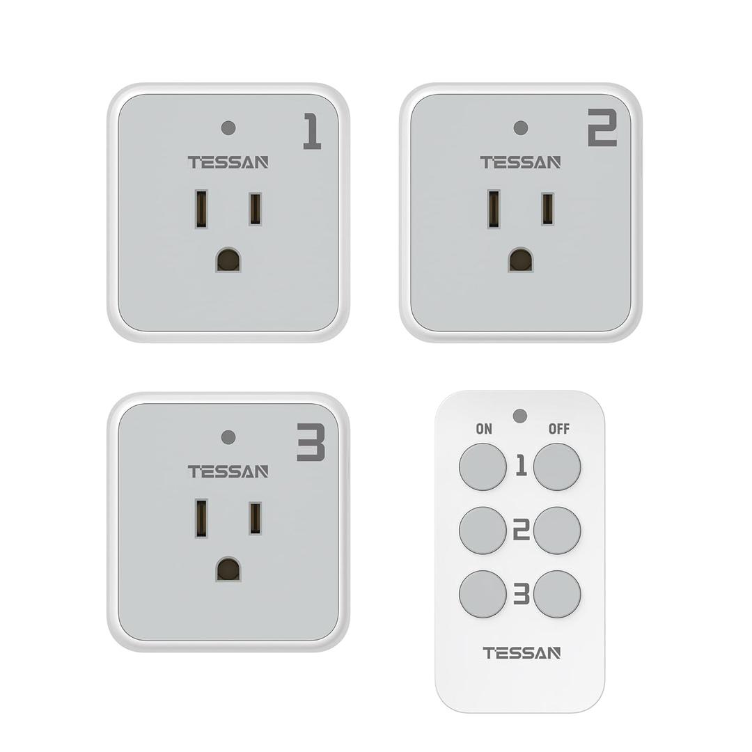 Remote Control Outlet Plug, TESSAN Wireless Light Switch Kit Indoor for String Lights, Lamps, Home Small Appliances, Wireless Power Socket 100ft RF Range, 15A/1875W (1 Remote and 3 Outlets)
