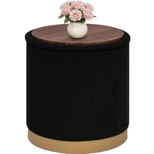 B FSOBEIIALEO Ottoman with Stroage, Round Boucle Storage Ottoman with Gold Plating Base,Foot Rest Stool for Dorm Room, Living Room Black, 16.73"x16.73"x17.72"