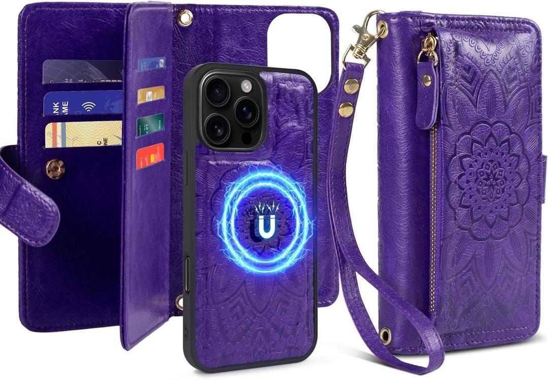 Harryshell for iPhone 15 Pro Max Detachable Magnetic Case Wallet,Compatible with Magsafe Wireless Charging, [ RFID Blocking ] Card Slots, Cash Zipper Pocket Wrist Strap (Floral Purple)