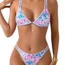 Tainehs Women's Two Piece Bikini Sets Sexy V Neck Swimwear Floral Triangle Swimsuit Cutout Low Rise Bathing Suit, Small