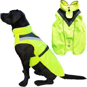 Dog Rain Coat - Waterproof, Reflective, Bright Yellow with Harness Hole (L, Yellow)