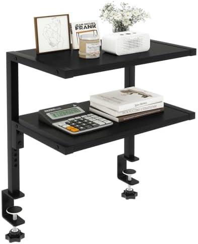IBUYKE Clamp on Desk Organizer Shelf,12.9 inches Desk Extender Shelves, Above or Below Desk 2-Tier Adjustable Storage Shelves for Desktop Accessories,Black,TMZ007B