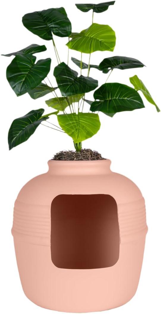 Good Pet Stuff Original Hidden Litter Box Planter, Decorative Cat Litter Enclosure, Carbon Filter, Faux Plant, Round Design, Easy to Clean, Base Kit, Broad Leaf Philodendron, Blush Coral