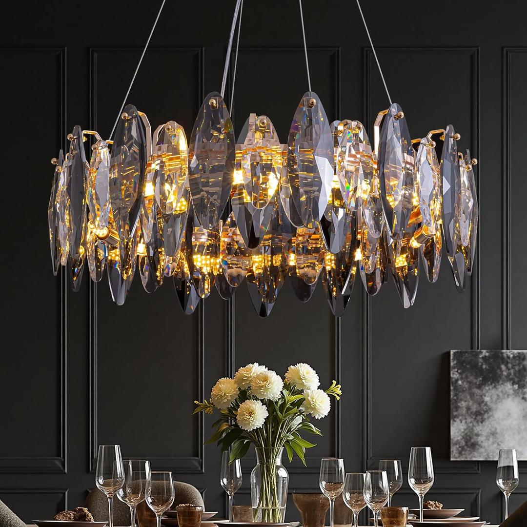 24" Crystal Chandelier for Dining Room,Smoke Grey K9 Crystal Ceiling Light, Diamond-Shaped Kitchen Island & Bedroom,Elegant Contemporary Lighting Fixture