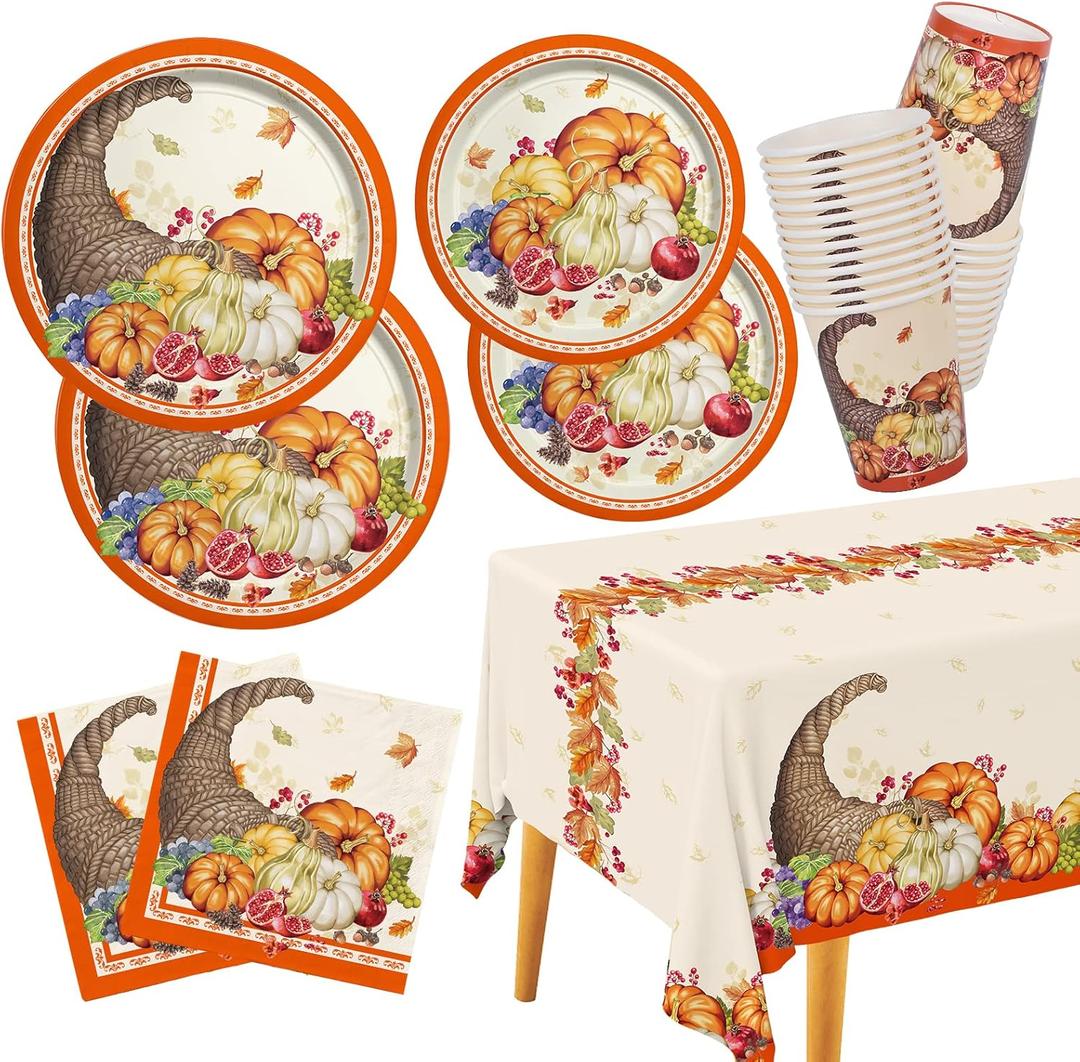 Fall Pumpkin Harvest Party Supply Kit Includes Cornucopia Disposable Paper Dinner Plates, Dessert Plates, Napkins, Cups, and Tablecloth for Thanksgiving Autumn Party Decorations, Serve 25