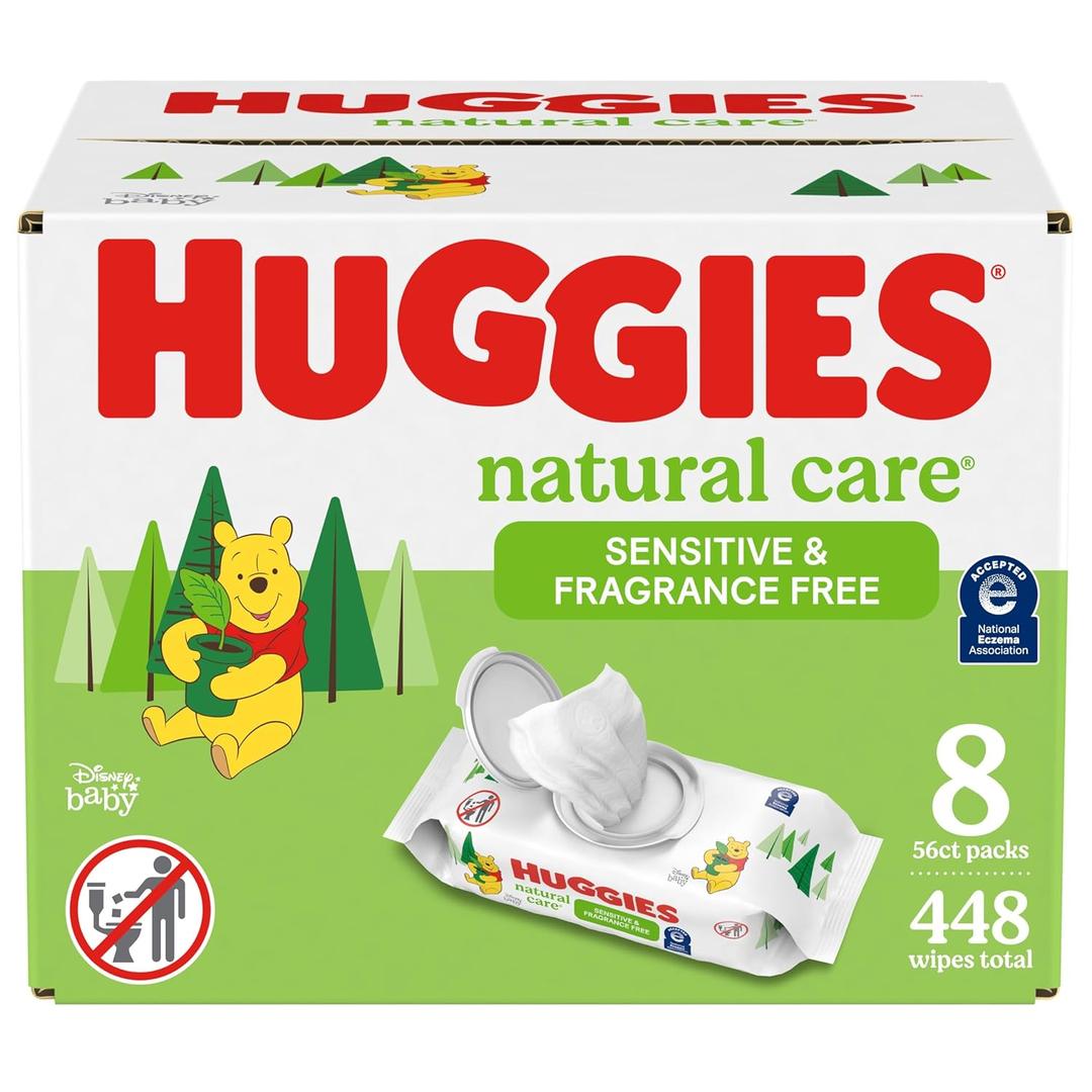 Huggies Natural Care Sensitive Baby Wipes, Unscented, Hypoallergenic, 99% Purified Water, 8 Flip-Top Packs (448 Wipes Total) (56 Count (Pack of 8))