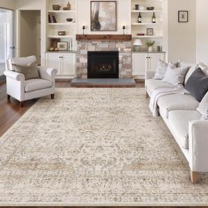 8x10 Washable Beige Area Rug Vintage Living Room Bedroom Carpet Non-Slip Soft Low Pile Distressed Indoor Large Throw Rug for Dining Room Office