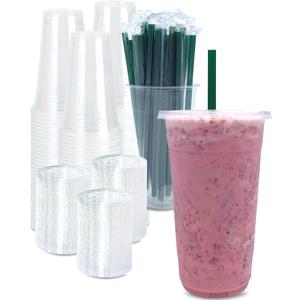 [100 SETS] 32 oz Clear Plastic Cups with Lids and STRAWS, Disposable Drinking Cups for Cold Drinks, Iced Coffee, Milkshakes, Smoothies (32oz.)