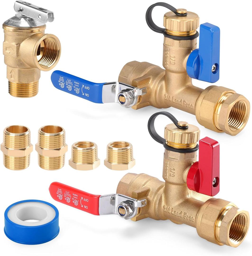 8Pcs 3/4 Inch IPS Isolator Tankless Water Heater Valve Kit with 2Pcs 3/4" NPT to 1/2" FNPT and 2Pcs Brass Pipe Fitting, Tankless Water Heater Flushing Kit with Pressure Relief Valve, Clean Brass