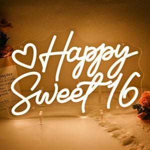 SYLHOME Happy Sweet 16 Led Neon Light Sign Happy 16th Birthday Party Backdrop Wall Sign Decor Sixteen Birthday Banner 15.75" X 10.24" USB