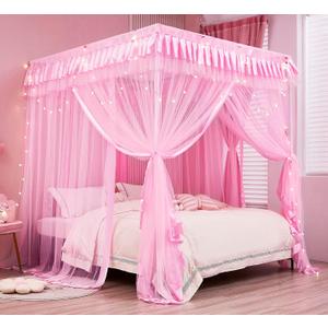 Mengersi Bed Canopy for Girls,Canopy Bed Curtains Canopy for Bed Drapes,Princess Bed Curtains Birthday Present Girls Room Decor,Pink