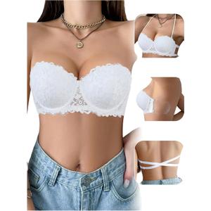 SHENHE Women's Lace Strapless Bras Backless Push Up Halter Neck Convertible Multiway Bra with Silicone Wings, White, 36D