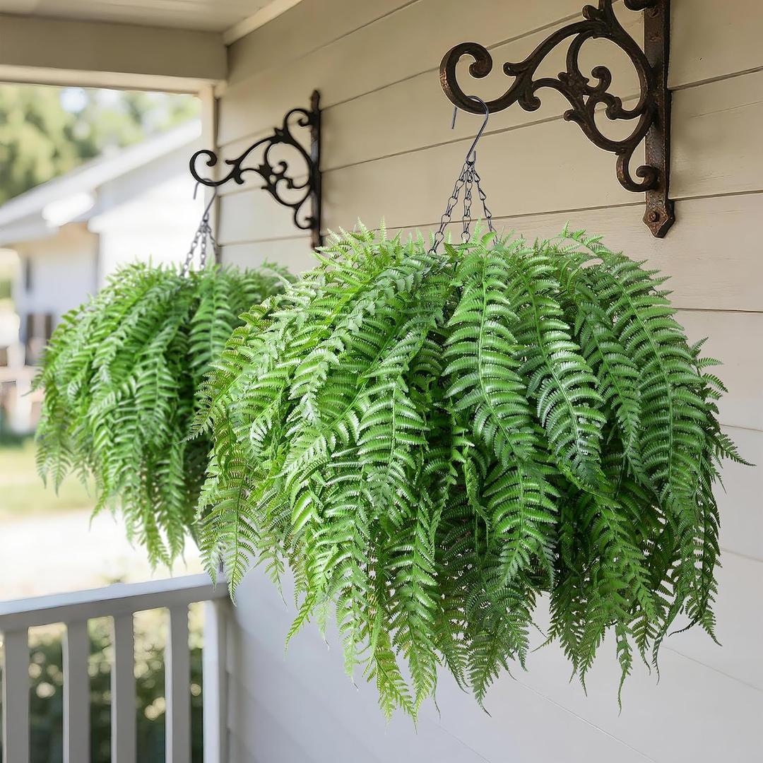 Artificial Hanging Plants Outdoor, UV Resistant Fake Fern Faux Greenery 2 Set for Outside Planter Patio Home Garden Decor (10 Branches&2 Basket)