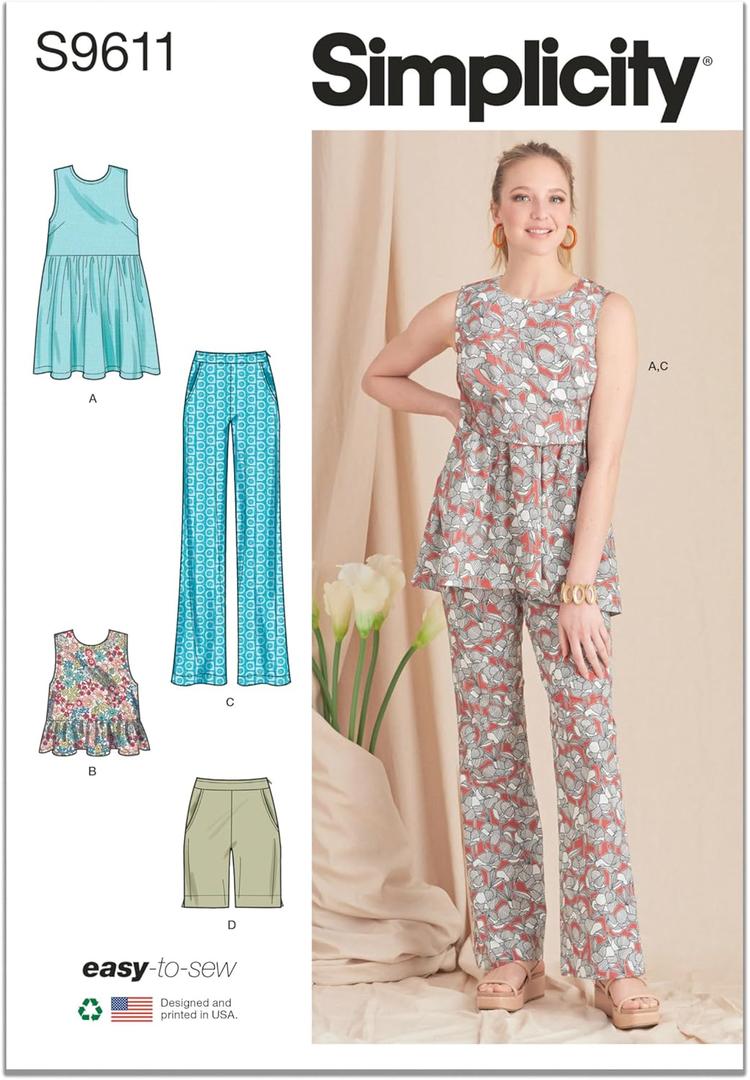 2 x Simplicity SS9611D5 Misses' Pullover Tunic, Crop Top, Boot Leg Pants, and Bermuda Shorts Sewing Pattern Packet, Design Code S9611, Sizes 4-6-8-10-12