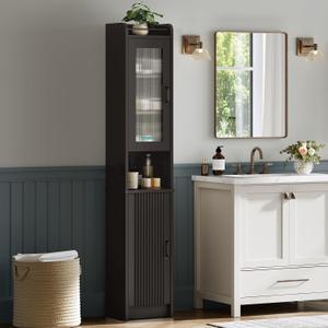 Tall Bathroom Storage Cabinet, Narrow Storage Cabinet with Adjustable Shelf Thin Linen Tower Two-Way Doors Contemporary Cabinet for Bathroom, Kitchen, Living Room, Espresso, 12.40" W x 11.73" D x 71.26" H