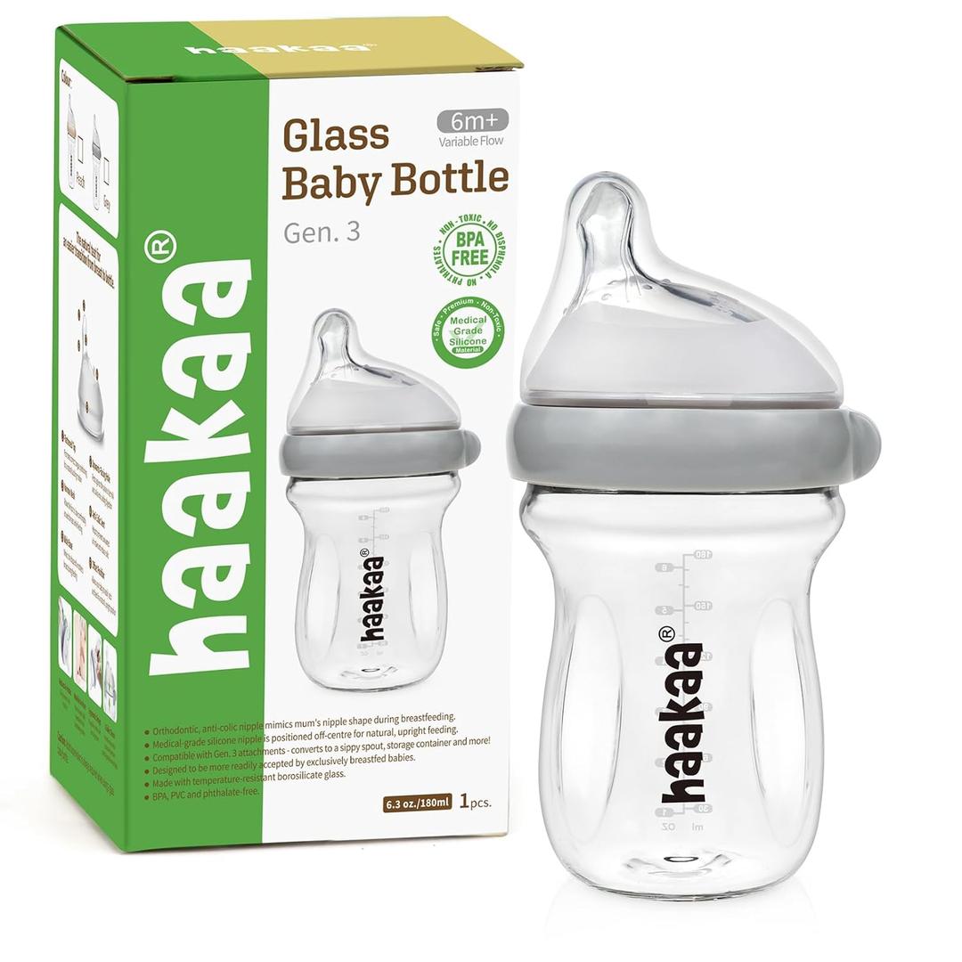 haakaa Gen.3 Natural Glass Baby Bottle 6.3 oz.180ml - Wide Neck, Anti-Colic Varibale Flow Nipple for 6m+ Breastfed Babies, Newborn Registry Essentials,BPA-Free -1 PK (Grey)