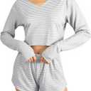 Remidoo Women's Off the Shoulder 2 Piece Outfits Long Sleeve Crop Top and Shorts Set Sweatsuit Grey X-Large