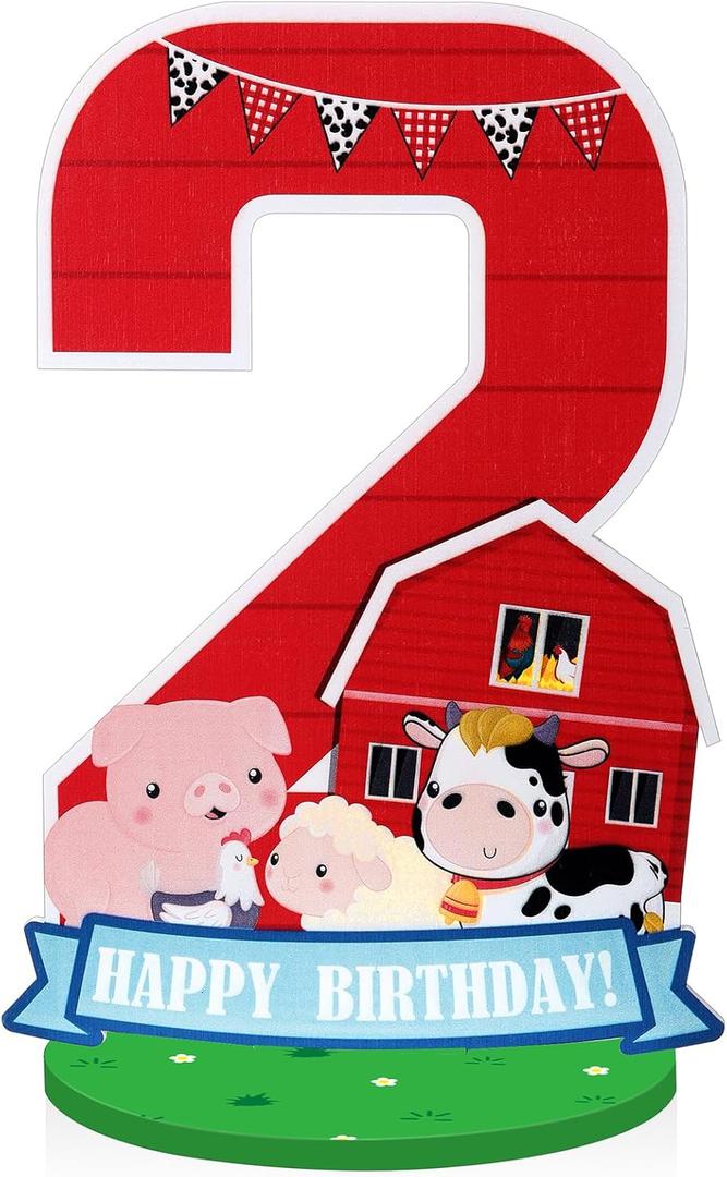 Farm Animal Birthday Party Number Centerpiece 10 Inch Wood Farm Barnyard Party Number Sign Sheep Cow Pig Birthday Barn Sign for Boy and Girl Party Decor(Number 2)