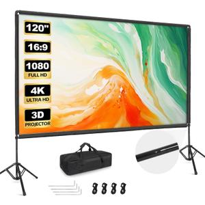 Outdoor Projector Screen with Stand, 120 inch Portable Projector Screen Stand with Elastic Rope Bar, Indoor 16:9 4K HD Wrinkle-Free Front Rear Projection Screen with Carry Bag for Movie Night Camping