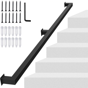 5FT Square Tube Handrail, Wall Mount Industrial Modern Staircase Railing for Indoor Outdoor Steps, 440lbs Load Capacity, Carbon Steel Non-Slip Grab Handle for Stairs Loft Porch, 2 Sections