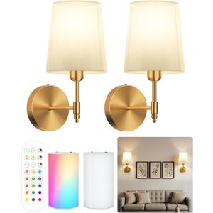 Ouyulong Battery Operated Wall Sconces Set of 2, Wireless Rechargeable Dimmable Wall Light with 15000mAh RGB Bulb and Remote for Bedroom