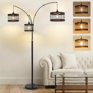 3-Lights Vintage Wood Floor Lamps for Living Room, Black Arc Floor Lamp for Bedroom, Industrial Standing Lamp for Office, Dimmable Tall Lamp, Arched Corner Floor Lamp, Over Couch Reading Lamp