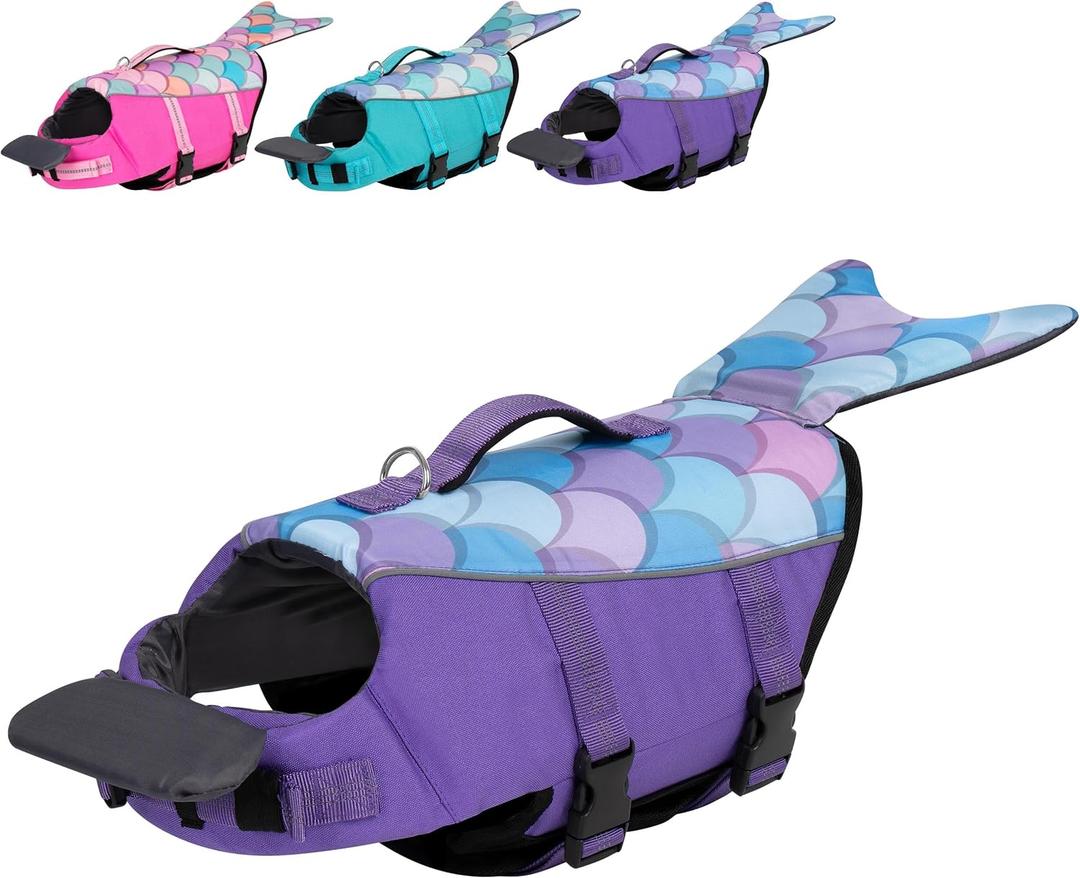 cyeollo Dog Life Jacket Reflective Mermaid Life Vest for Swimming Boating, High Buoyancy Pet Preserver Lightweight Small Dog Lifejackets with Front Float, Purple XS (X-Small (Chest Girth: 13"-16"))