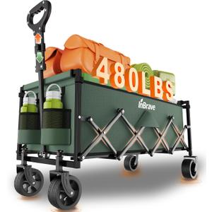 Extra Long Collapsible Wagon Cart, 480LBS Heavy Duty Utility Wagons with All-Terrain Wheels, Foldable Grocery Carts for Gardening, Shopping, Beach, Camping,Green