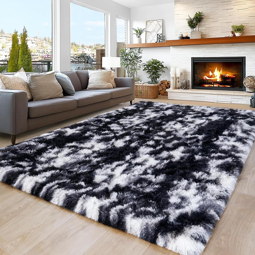 8x10 Area Rugs for Living Room Bedroom, Ultra Soft Fluffy Black and White Large Rug Carpet for Bedroom, Upgrade Non-Slip Fuzzy Shag Plush Rugs for Nursery Boys Girls Kids Room Modern Indoor Home Decor