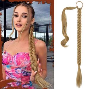 SOFEIYAN Long Braid Ponytail Extension with Hair Tie Straight Sleek Wrap Around Hair Extensions Braid Pony Tail Fluffy Natural Soft Synthetic Hairpieces for Women Daily Wear, 30 inch (Blonde with Pale Gold Highlights)