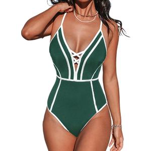 CUPSHE Women's One Piece Swimsuit Plunging V Neck Bathing Suit Crisscross Back Tie Slimming Sculpting Color Block (Green/White) L