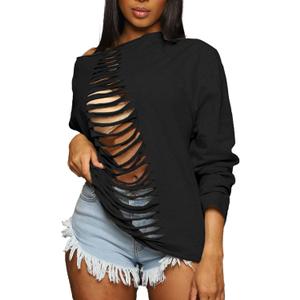 LovelyWholesale Women Off the Shoulder Sweatshirt Sexy Ripped Long Sleeve Shirts (Medium, Black)