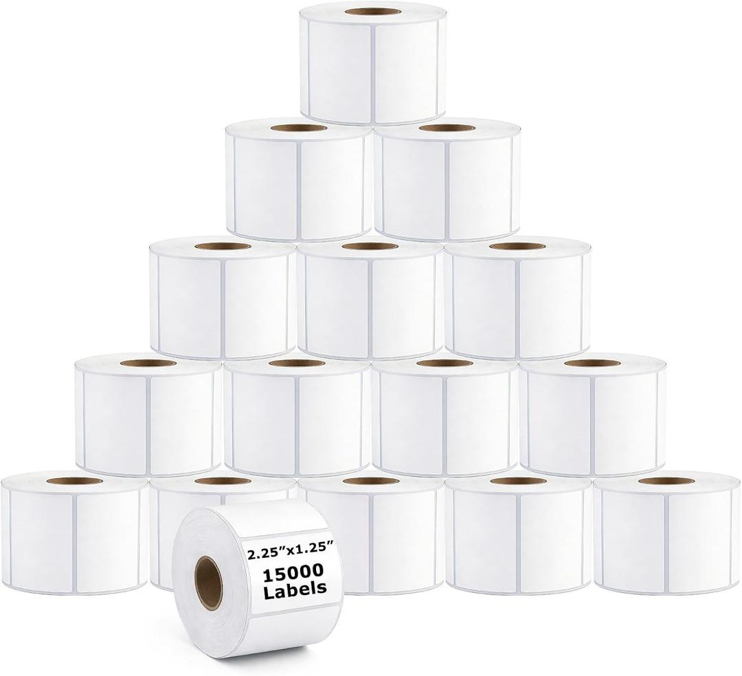 15 Rolls 2.25"x1.25" Direct Thermal Labels, 1000 Labels/Roll (15000 Labels), Self-Adhesive Address Barcode Sticker Label Rolls, Compatible with Zebra, Rollo, Munbyn & Most Thermal Printers