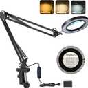 LED Magnifier Desk Lamp with Stand, 3 Color Modes & Stepless Dimming 5-Diopter Glass Lens, Adjustable Swivel Arm - Magnifying lamp for Close Work, Repair, Crafts, Reading - Long
