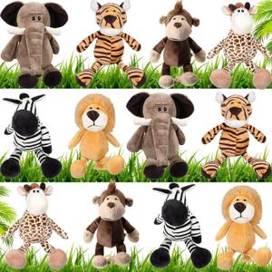 HyDren 12 Pieces Safari Stuffed Animals 11.8 Inch Jungle Animal Toys Set Boys Girls Plush Forest Animals Lion Elephant Zebra Giraffe Tiger Monkey for Zoo Animal Party Teacher Student Award