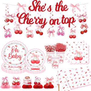 Cherry Baby Shower Decorations for Girls - Shes the Cherry On Top Themed Table Centerpieces, Banner, Hanging Swirls, Plates & Napkins, Sweet Welcome Baby Party Supplies