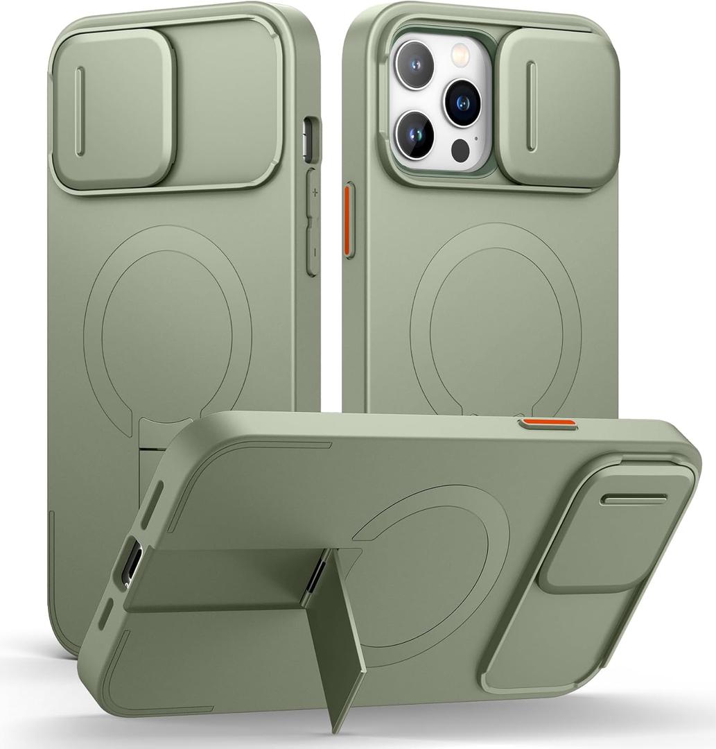 SURITCH for iPhone 13 Pro Max/12 Pro Max Case with Magnetic Camera Slide Cover and Adjustable Kickstand, Compatible with MagSafe, Shockproof Bumper Case Slim Protective Cover 6.7 Inch, Green