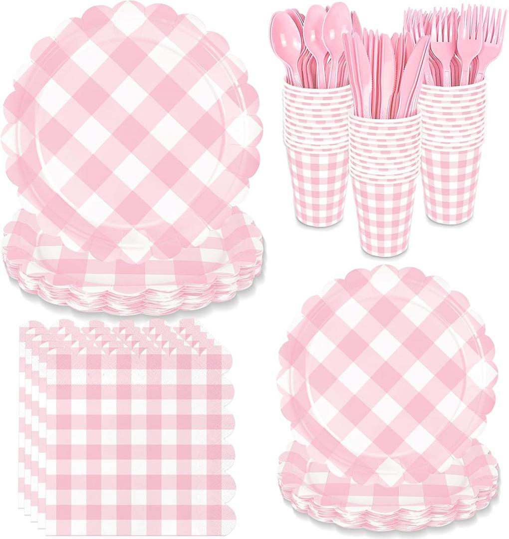 175 Pcs Pink Scalloped Gingham Party Supplies for 25 Guests, Pink and White Checkered Paper Plates, Cups and Napkins Sets for Baby & Bridal Shower, Wedding, Birthday Party, Outdoor Picnic