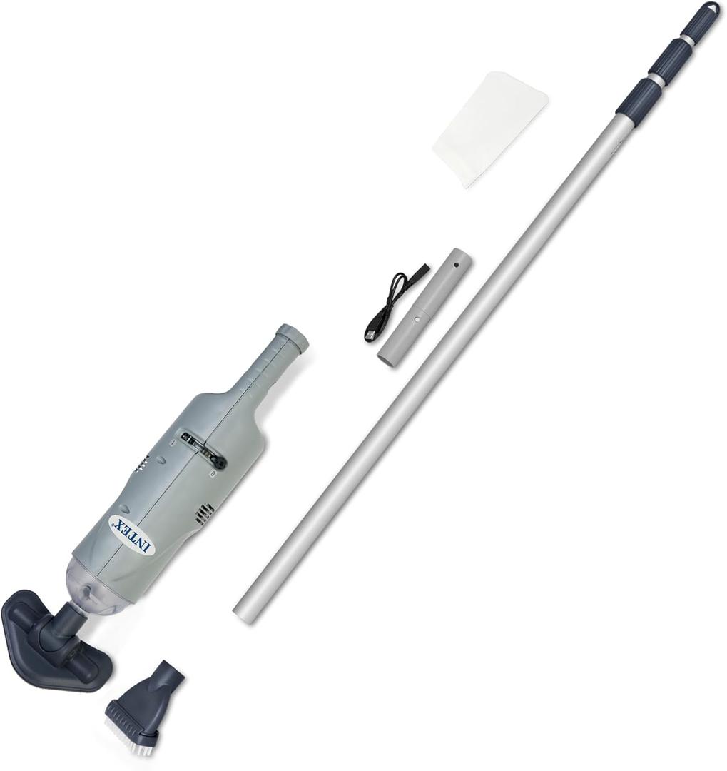 INTEX Rechargeable Handheld Pool Vacuum Cleaner with 94 Telescoping Pole, 2 Brush Heads, & Shaft Adapter for PureSpas & Pools