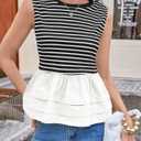 Tankaneo Womens Summer Striped Peplum Tank Tops White (Black, L)