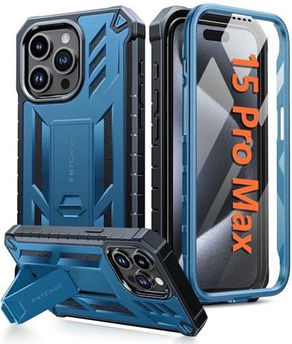 FNTCASE for iPhone 15-Pro-Max Case: Military Grade Drop Proof Rugged Protective Cell Phone Cover with Kickstand & Built-in Protector | Matte Textured Shockproof TPU Hybrid Bumper Cases (Blue)