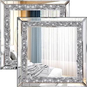 2PCS Crystal Rhinestone Diamond Wall Mirror.Brilliant Hand-Spliced Glass Mirror.Accent Decorative Mirror for Hallway/Bathroom/Bedroom12x12 (Silver)