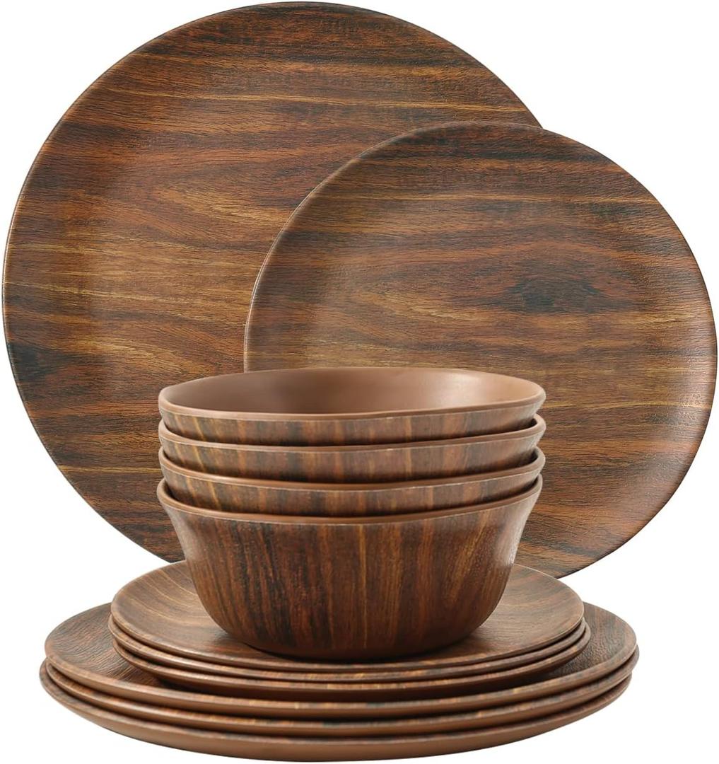 TP 12-Piece Dinnerware Set, Melamine Dishes Set with Bowls and Plates, Non-breakable and Lightweight Dinner Service for 4, Wood Grain