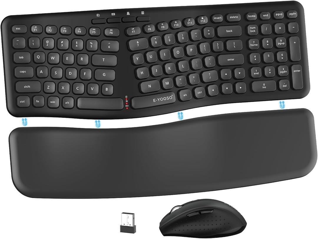 E-YOOSO Ergonomic Wireless Keyboard and Mouse Combo, Split Design with Detachable Wrist Rest, 2.4G Full Size Ergo Computer Keyboard Set for Programmers/Office, Compatible with Windows/Mac/PC/Laptop