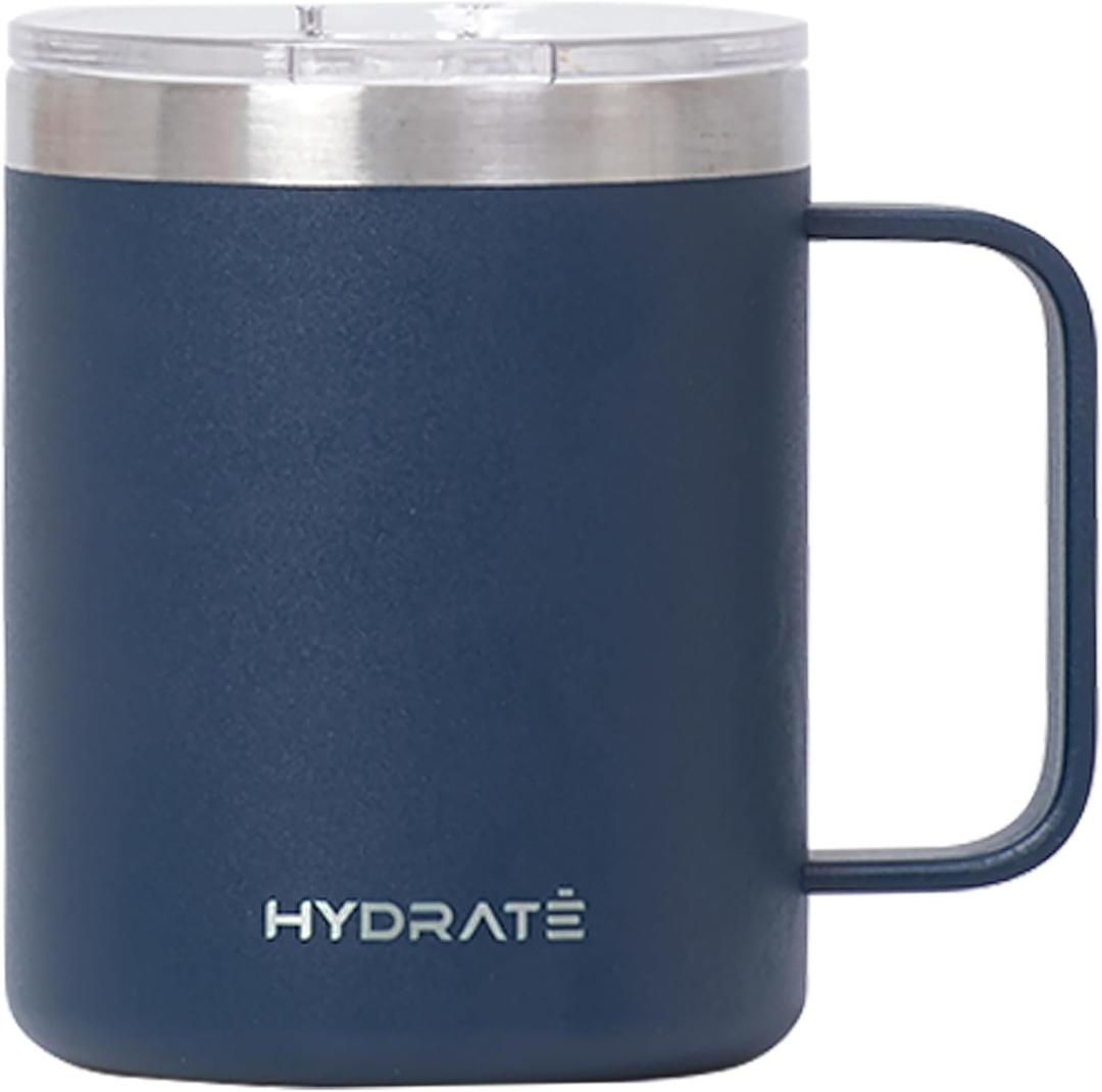 HYDRATE Stainless Steel Travel Coffee Mugs - 12oz Insulated Mug with Double Vacuum Thermal Insulation - Secure Lid and Handle - Ideal for Coffee Enthusiasts - Travel Coffee Tumbler - Dark Blue