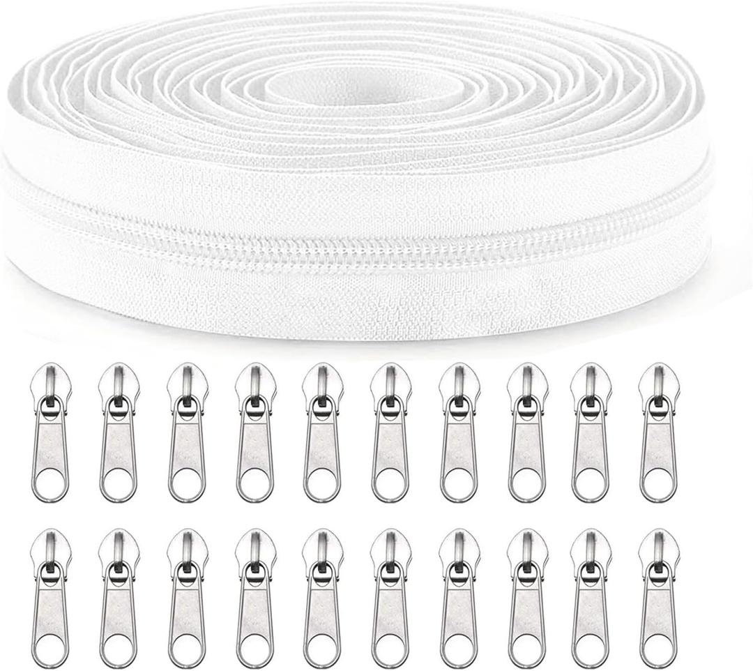 Sawoake #5 Nylon Coil Zippers by The Yard Bulk 10 Yards with 20pcs Zipper Sliders for DIY Sewing Tailor Craft Bag Garment Home Textile(White)