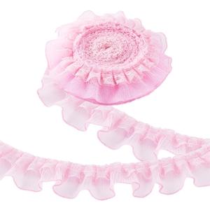 PH PandaHall 10 Yards Pink Ruffle Lace Ribbon Trim Pleated Lace Fabric Trim, Double Layer Gathered Ruffle Trim Embroidered Sewing for Crafts Costume Pillowcase Embellishments, 2.4inch Wide